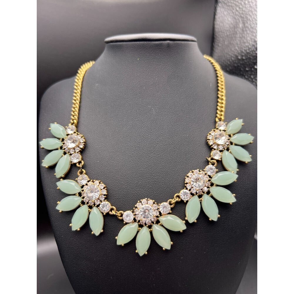 J. Crew Mint Green and Gold Crystal Floral Bib Necklace